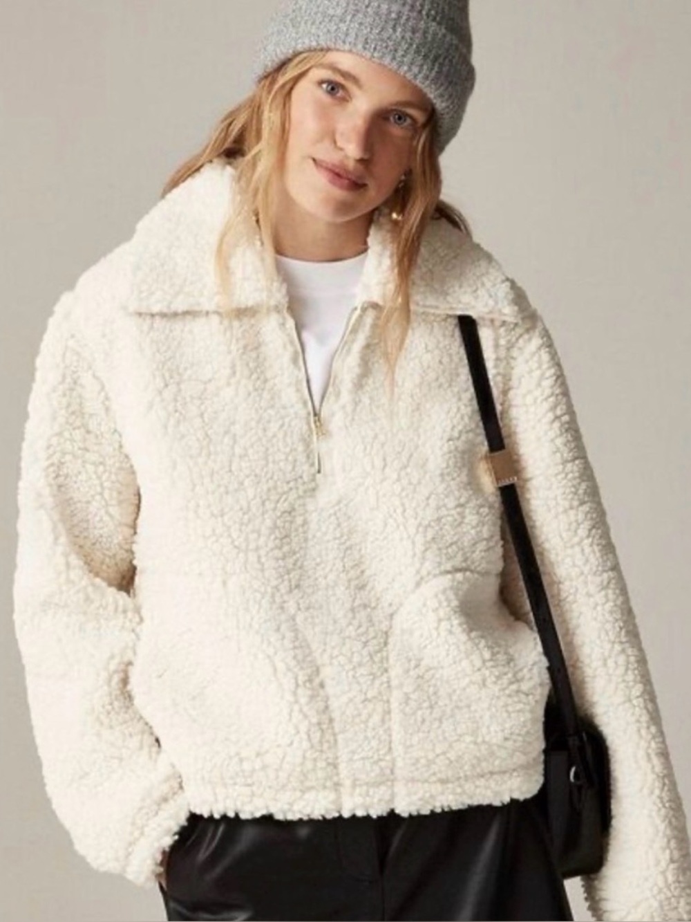 NWT J. Crew Cozy Cream Sherpa Quarter Zip Pullover, size medium